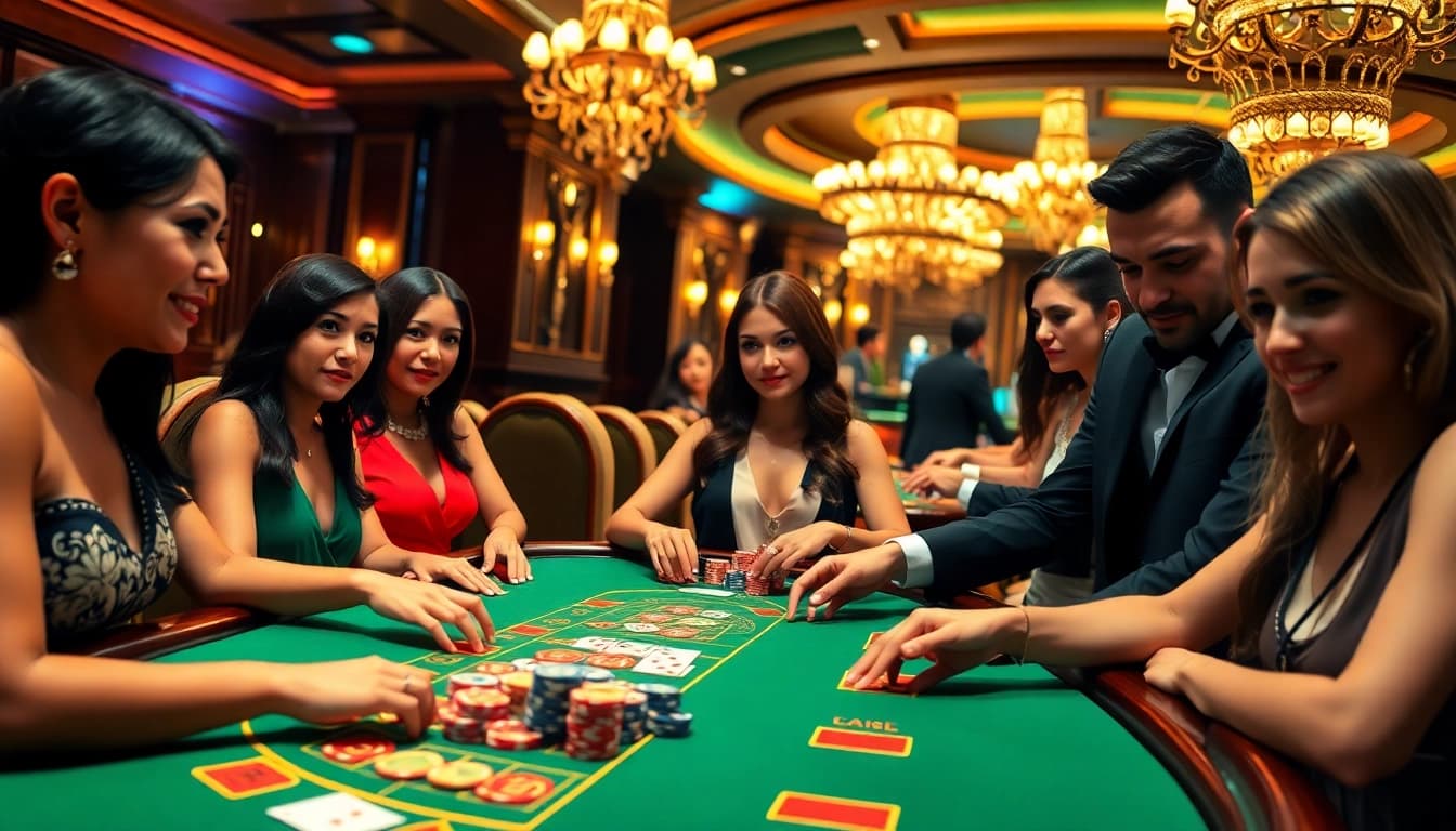 Engaged players enjoying blackjack casino games with vibrant atmosphere and colorful chips.