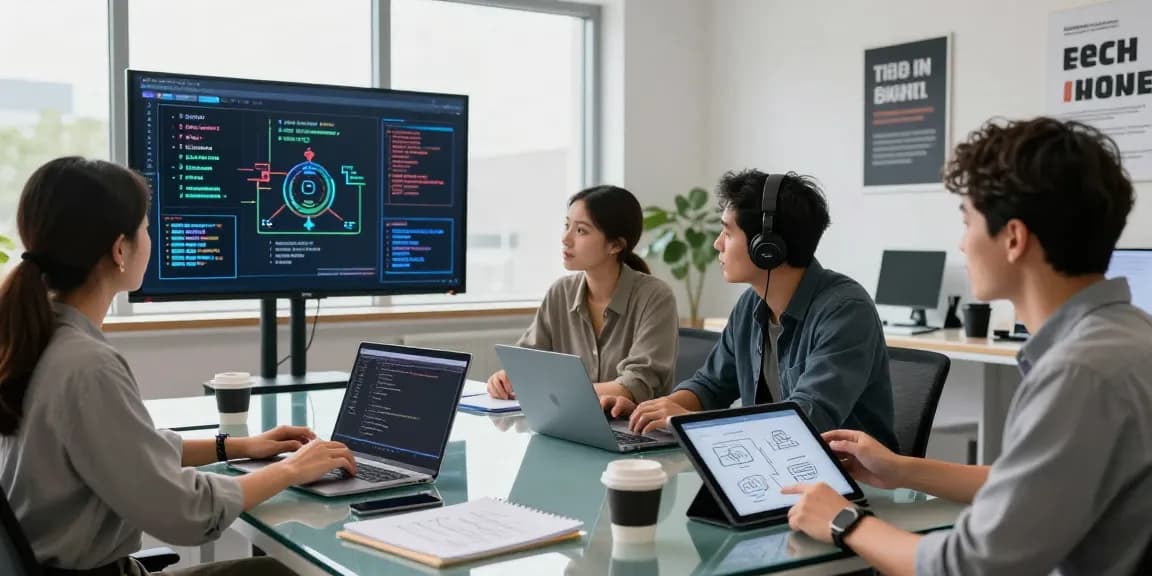 Engaging team of developers collaborating on crush ai solutions in a modern workspace.