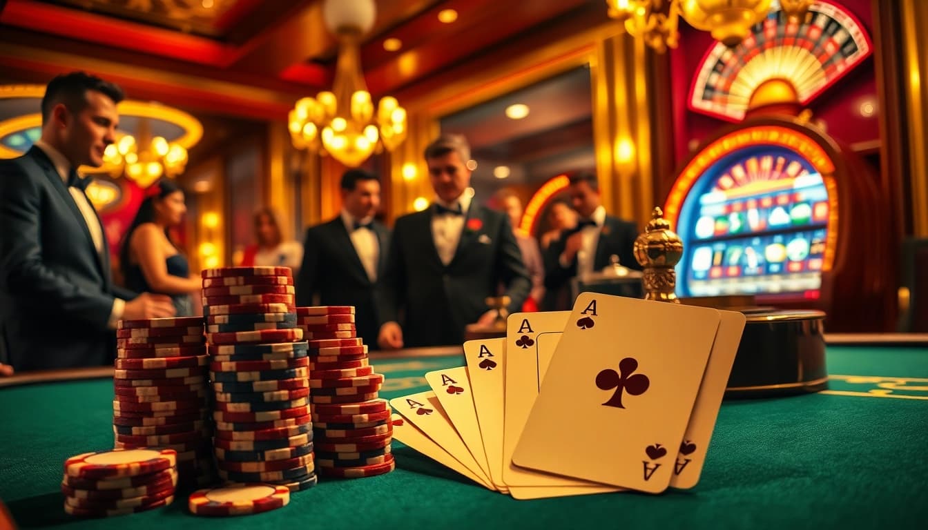 Gamblers celebrating a win with nohu-themed playing cards at a luxurious casino table.