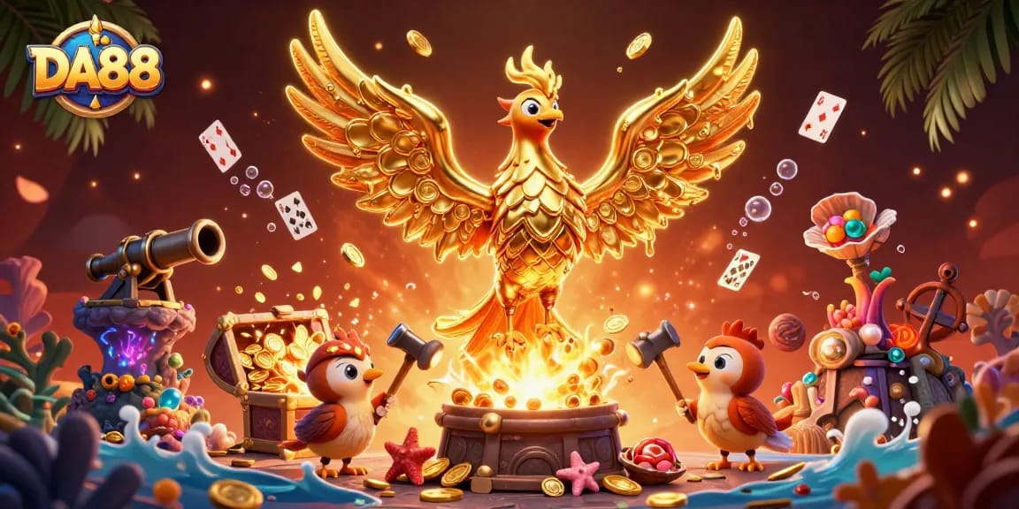 Experience thrilling moments with DA88 as the golden phoenix transforms coins in a vibrant casino scene.
