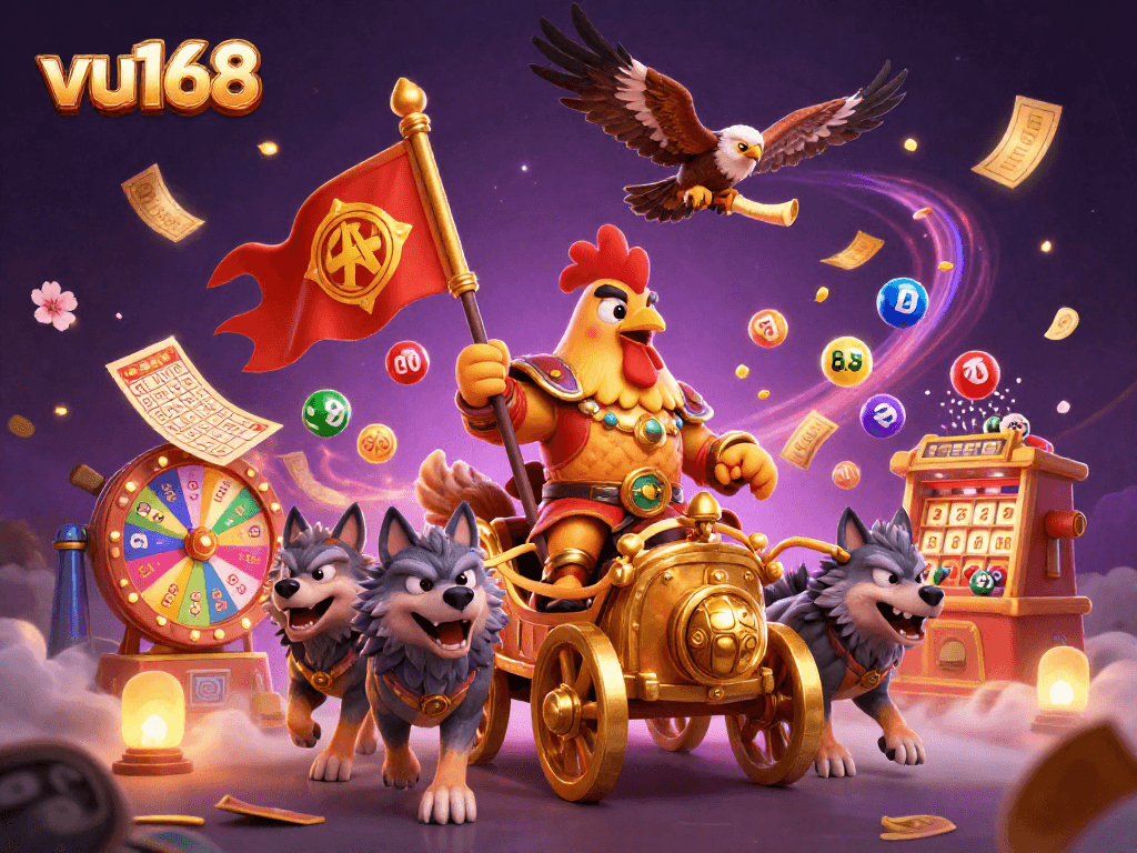 Experience the excitement of vu168 as a rooster warlord rides into battle amidst colorful lottery balls and golden gaming elements.