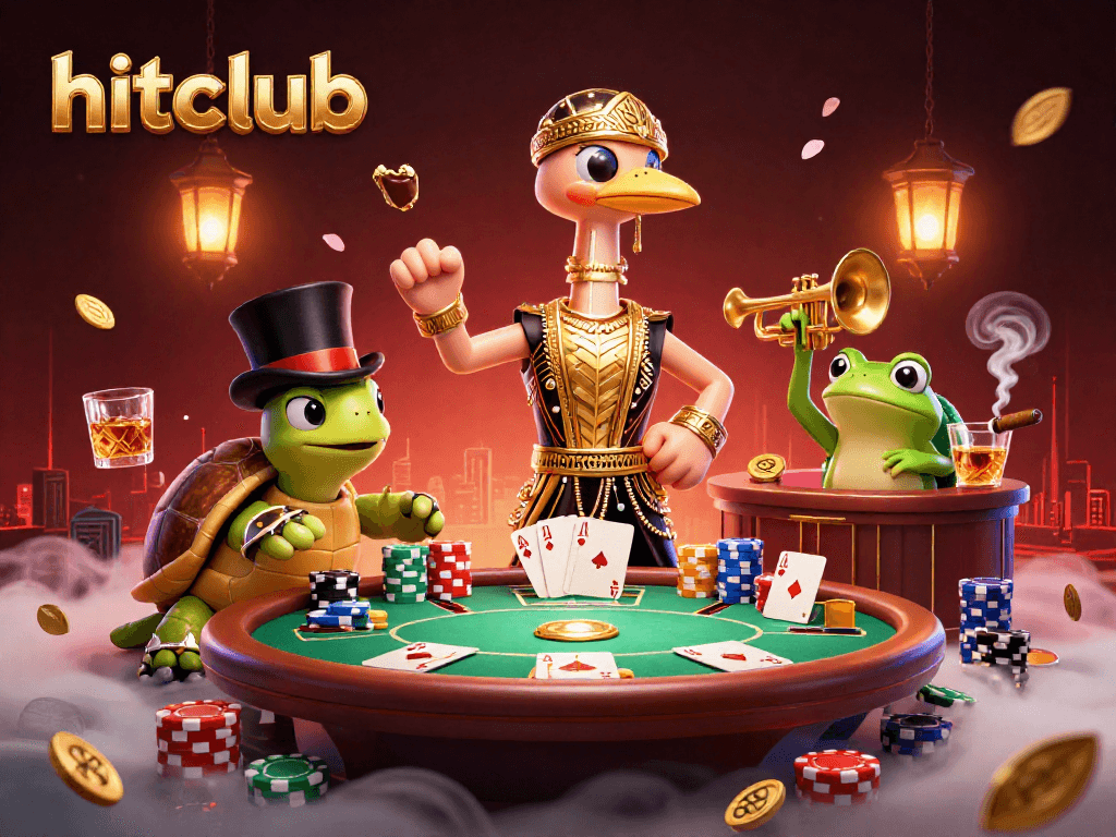 The hitclub scene showcases a vibrant 3D casino environment with dynamic poker elements and unique characters.