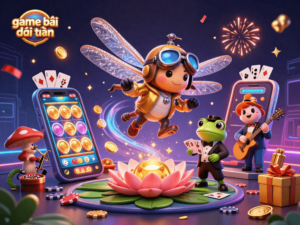 Engage with game bài đổi thưởng at a vibrant lily pad casino featuring a dragonfly pilot, frog croupier, and jazz cricket musicians.
