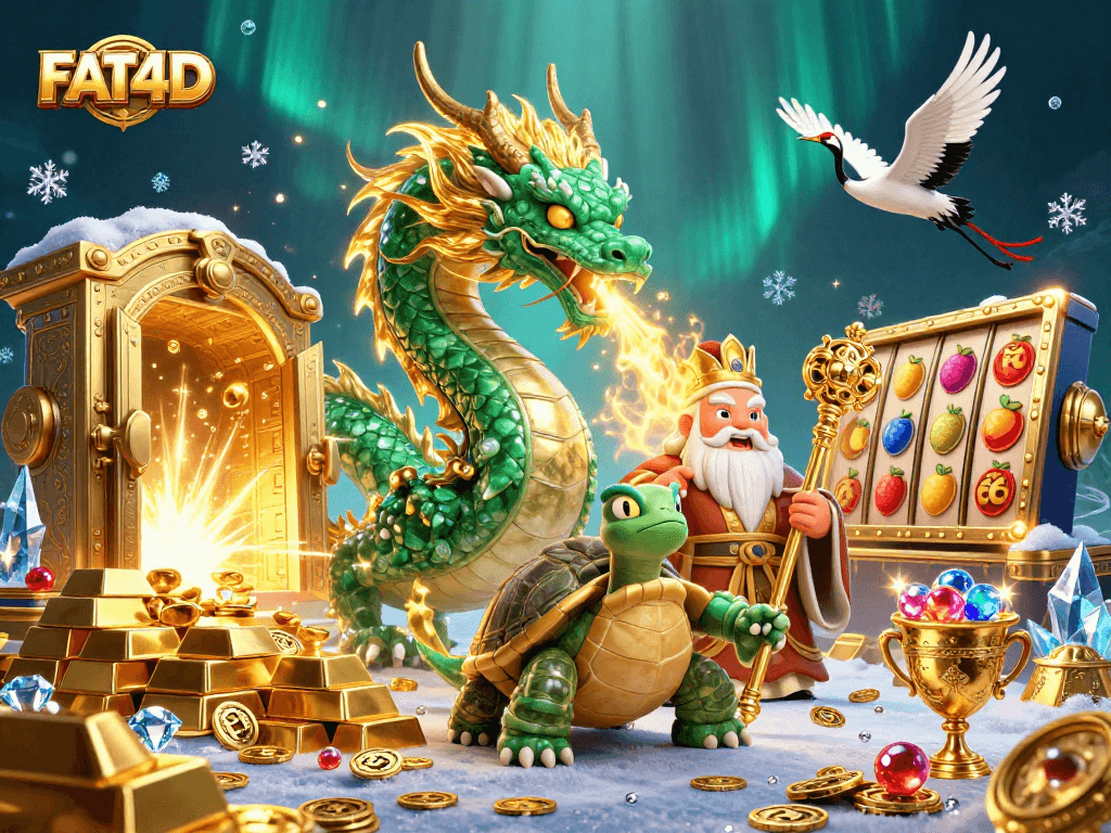 Experience the thrill of slots at FAT4D with a dazzling scene featuring dragons and treasure.