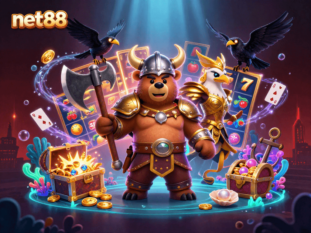 Spin slots and win with net88 in this vibrant 3D casino scene filled with action.