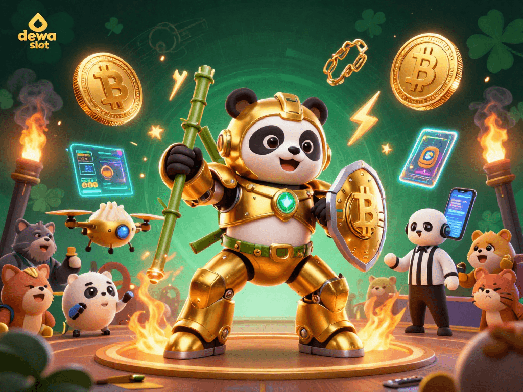 Menangkan permainan slot dewa slot di arena dengan karakter panda emas yang memimpin robot tempur dan berbagai koin crypto bersinar.