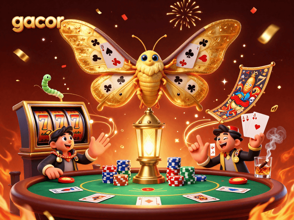 Experience gacor slots in this cinematic illustration with vibrant casino motifs and festive atmospheres.