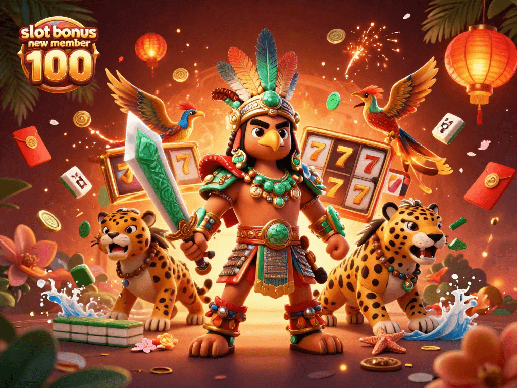 Engage with slot bonus new member 100 offers, showcasing vibrant 3D casino elements and characters.