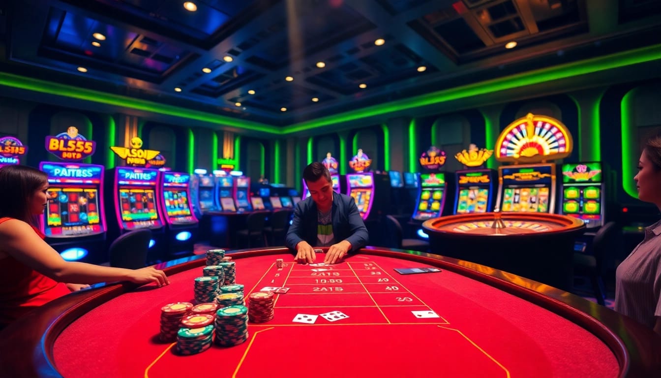 Experience the thrill of Bl555 with colorful chips and cards at a vibrant casino table.