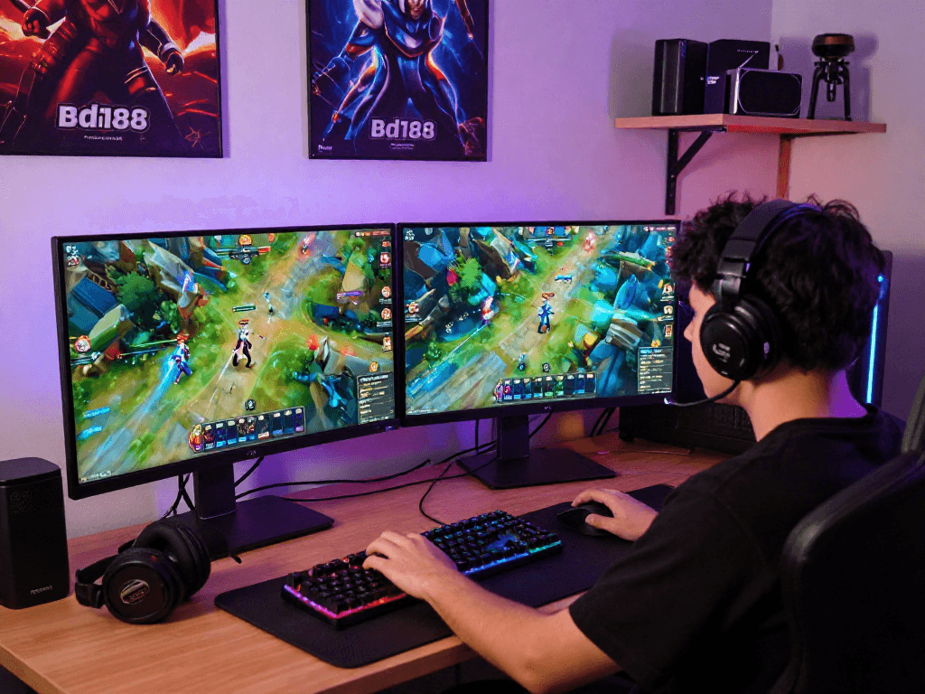 eksena ng bd188 gaming platform na nagpapakita ng user na naglalaro sa modernong computer desk.