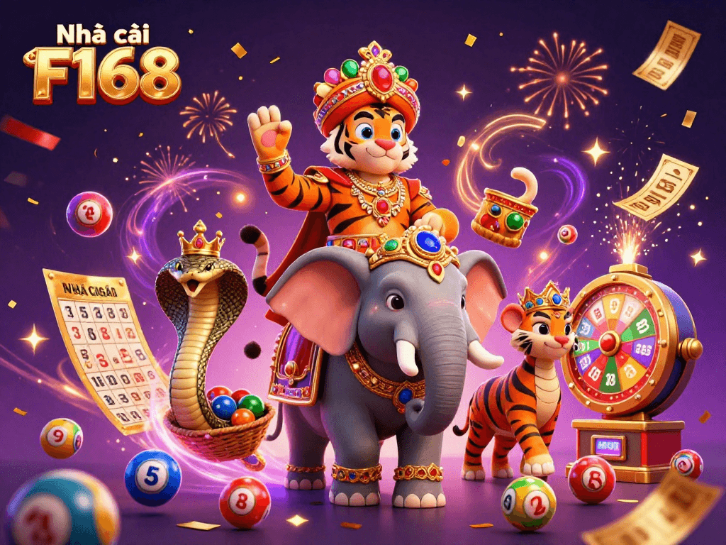 Experience the excitement of Nhà cái F168 with vibrant lottery elements and celebratory visuals.