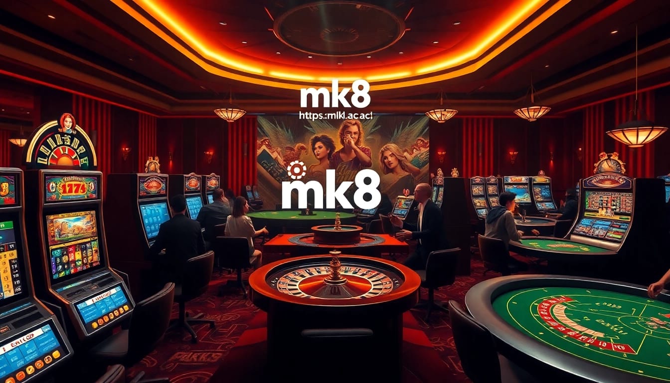 Players enjoying exciting games at https://mk8.ac/ with luxurious casino elements, including slots and roulette.