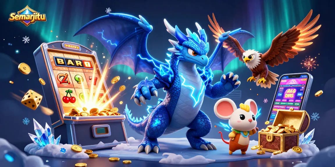 Semarjitu mengaktifkan mesin slot 3D dengan ledakan jackpot dan simbol yang berkilau.