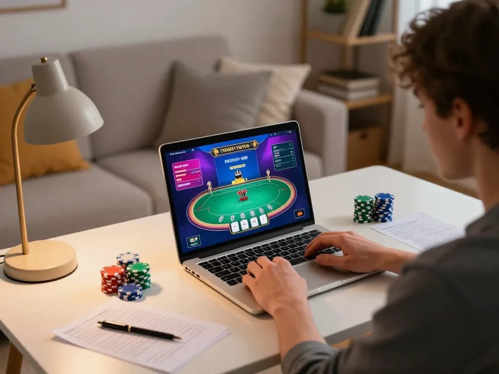 Engaging poker gameplay on lv88seo laptop, displaying strategy notes in a cozy home setting.