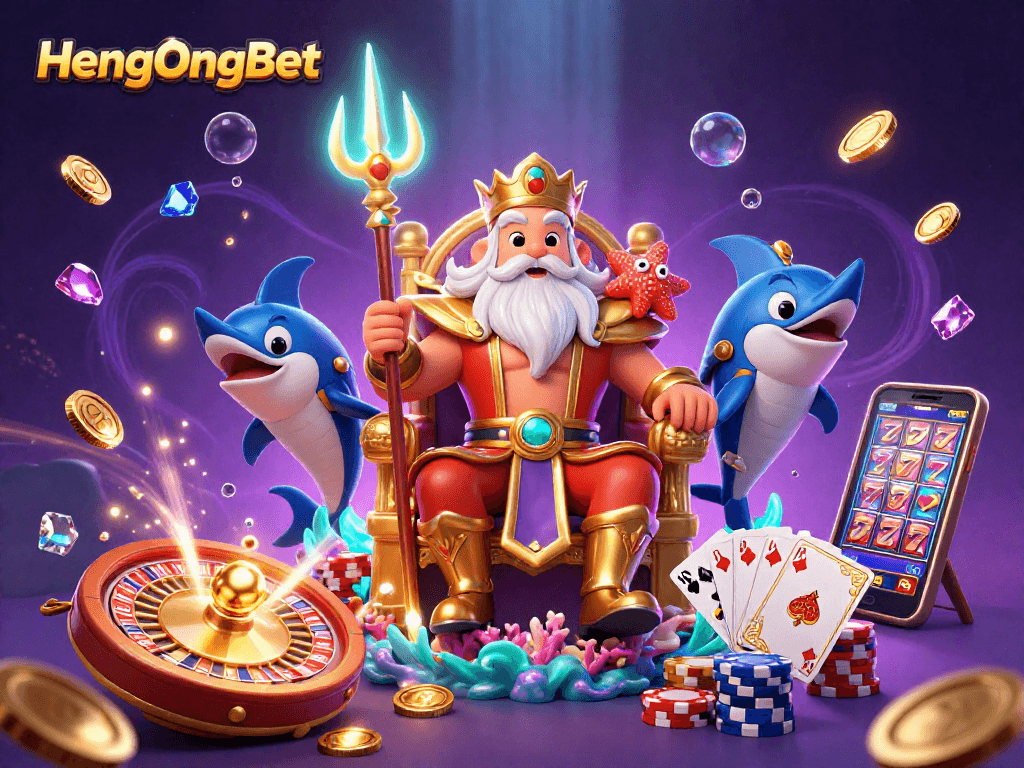 Play exciting games at HengOngBet, featuring 3D Neptune and a vibrant underwater casino scene.