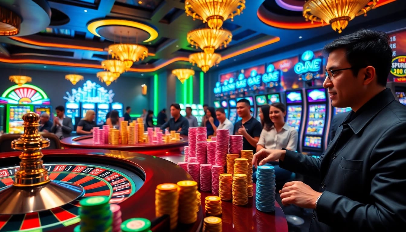 Experience thrilling gaming action with 8kbet cc featuring vibrant slot machines and poker chips.