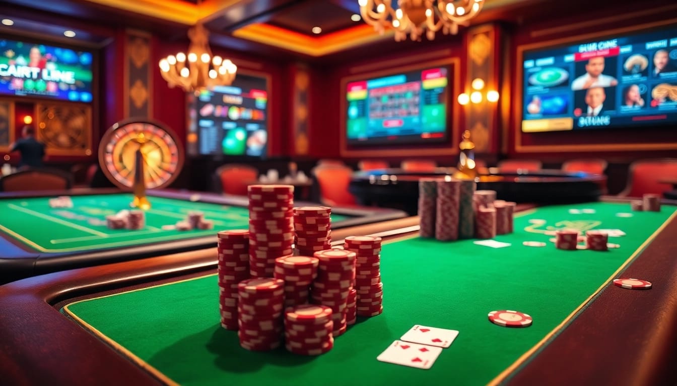 Engaging scene of rút tiền xn88 at a luxury casino with poker chips and a roulette wheel.