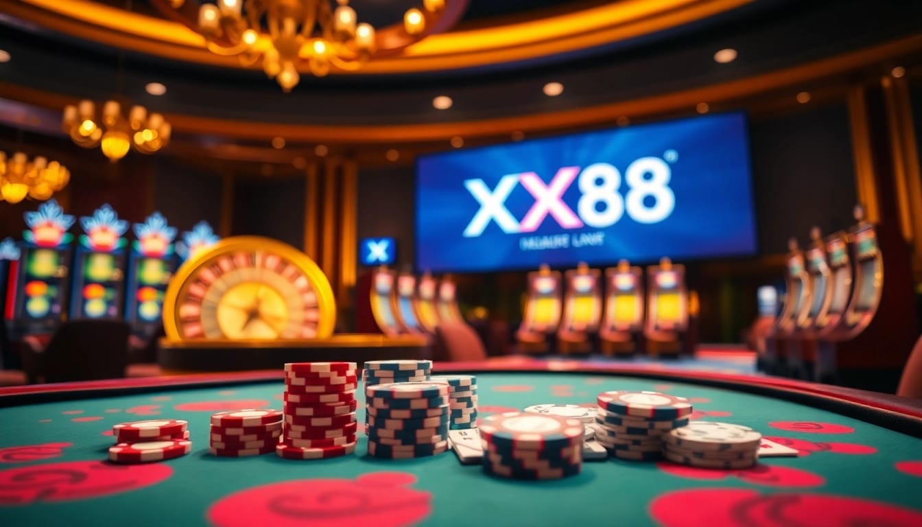 Experience the excitement of gambling at XX88 with poker chips and roulette gameplay.