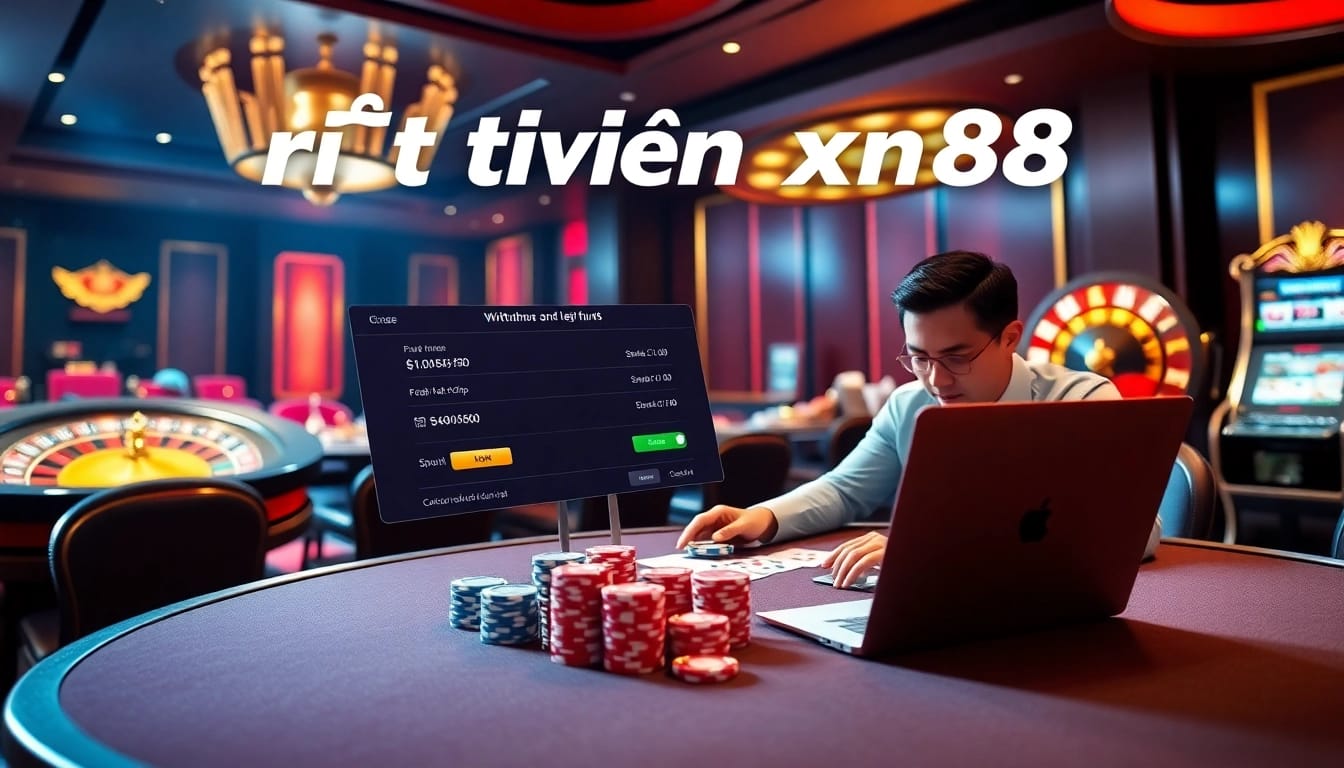 Experience seamless rút tiền xn88 transactions in a luxurious casino setting with vibrant poker chips and cards.