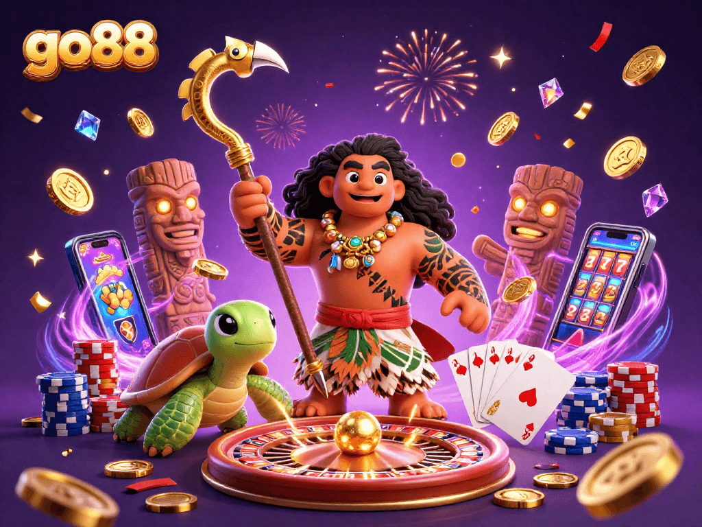 Engage in thrilling adventures with go88's Hawaiian demigod and turtle amidst a festive casino scene.