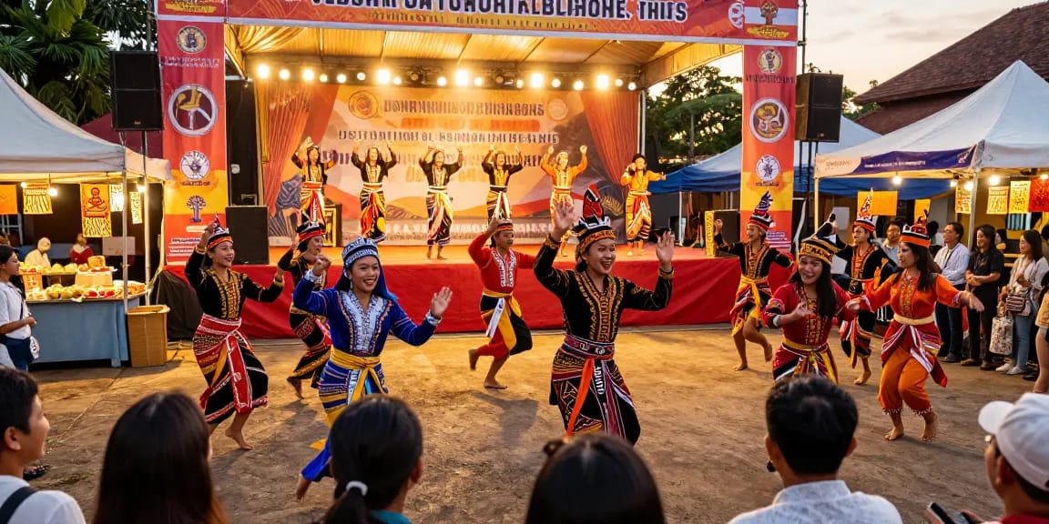 Menampilkan keluaran HK selama festival budaya dengan penari berpakaian tradisional dan keramaian yang meriah.