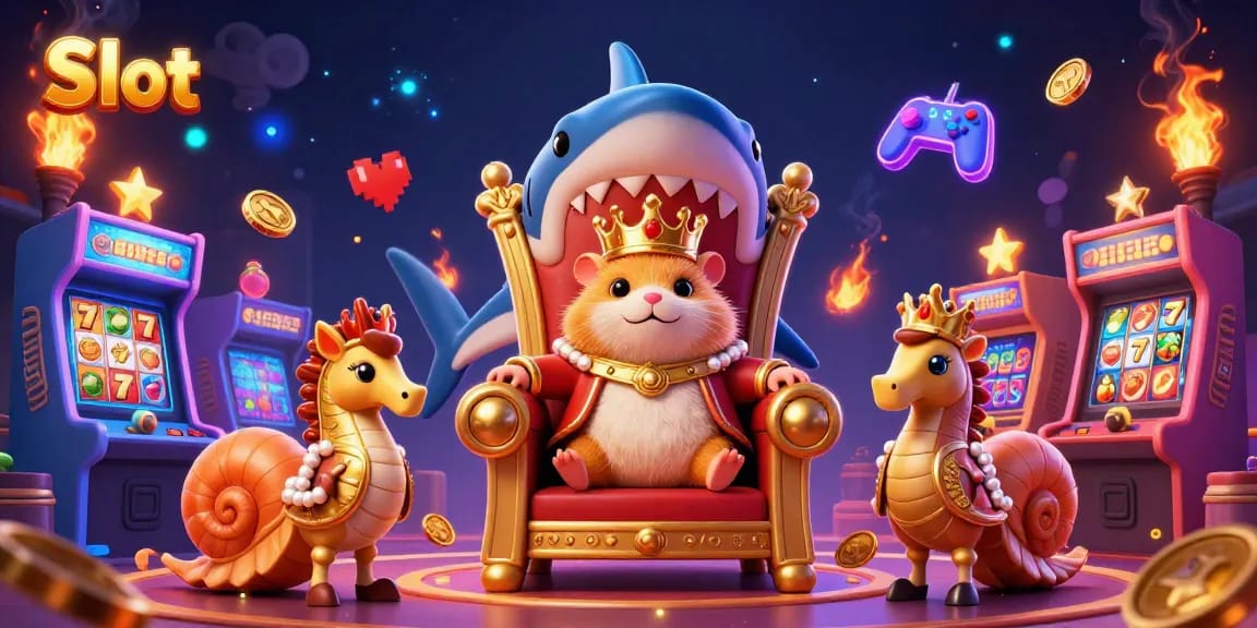 Engage in thrilling Slot experiences with a hamster king and vibrant casino elements in a dazzling 3D illustration.