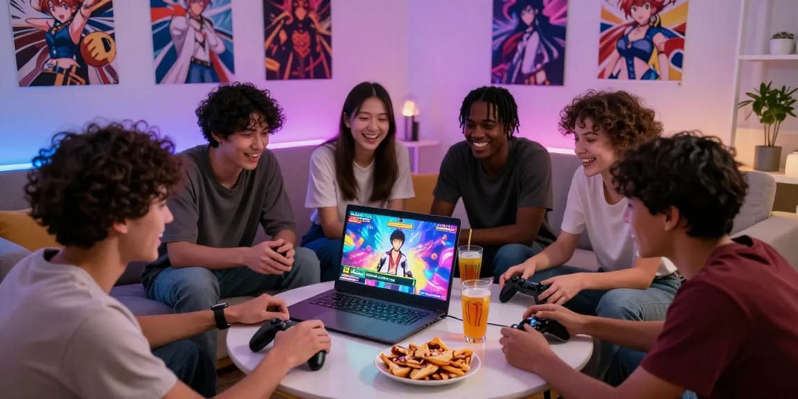 Exciting gaming night with friends enjoying a hentai game on a laptop, surrounded by snacks and gaming gear in a cozy living room.