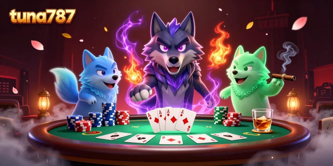 Menangkan dengan tuna787 di meja poker dengan pemandangan tiga serigala hantu yang berenergi.