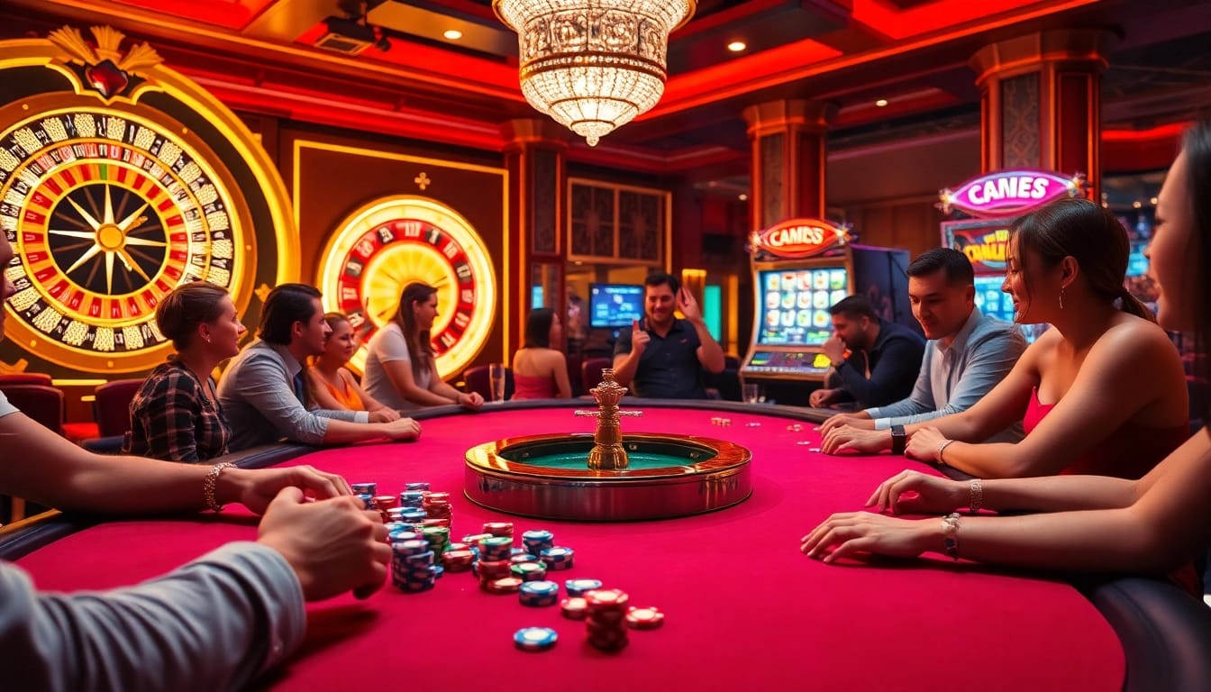 Players experiencing thrilling bets on poker tables at a luxurious casino while gambling at no hu.