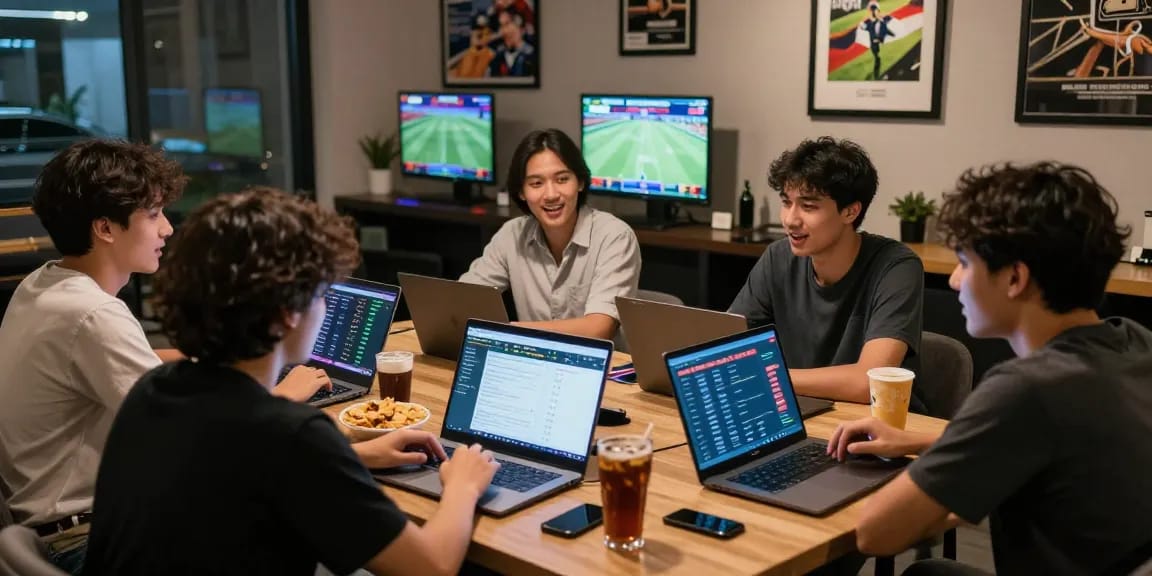 Lingkungan taruhan olahraga modern dengan rajatogel link dan teman-teman berdiskusi strategi.