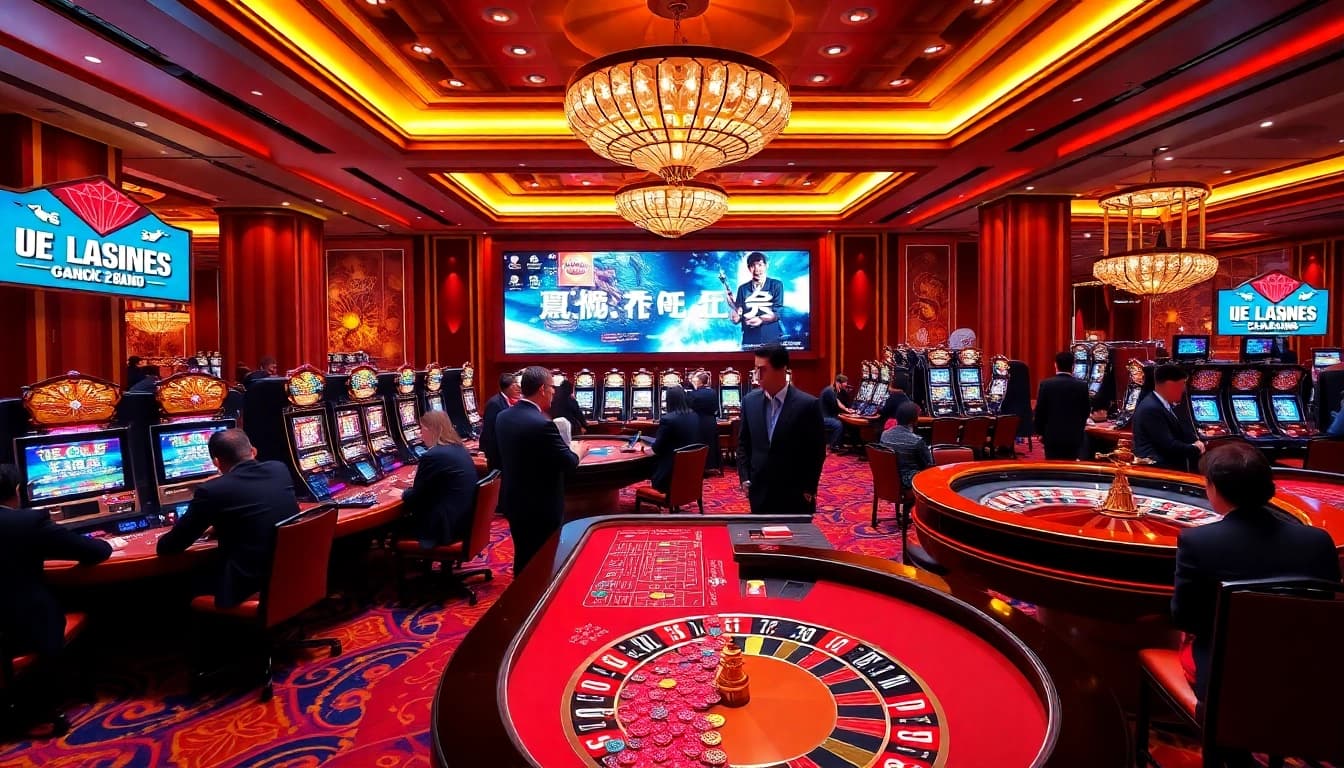 Engaged players enjoying a thrilling LC88 casino experience with vibrant tables and slot machines.
