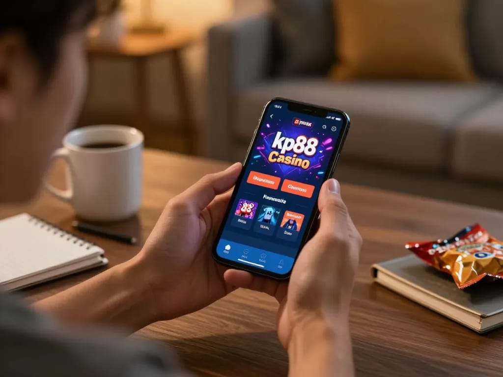 Engaged user playing kp88 com casino app on smartphone in cozy home setting, showcasing responsible gaming.