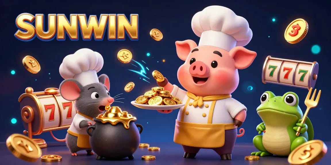 SUNWIN coins fly in a vibrant online casino scene featuring a chef pig, mouse, and frog.