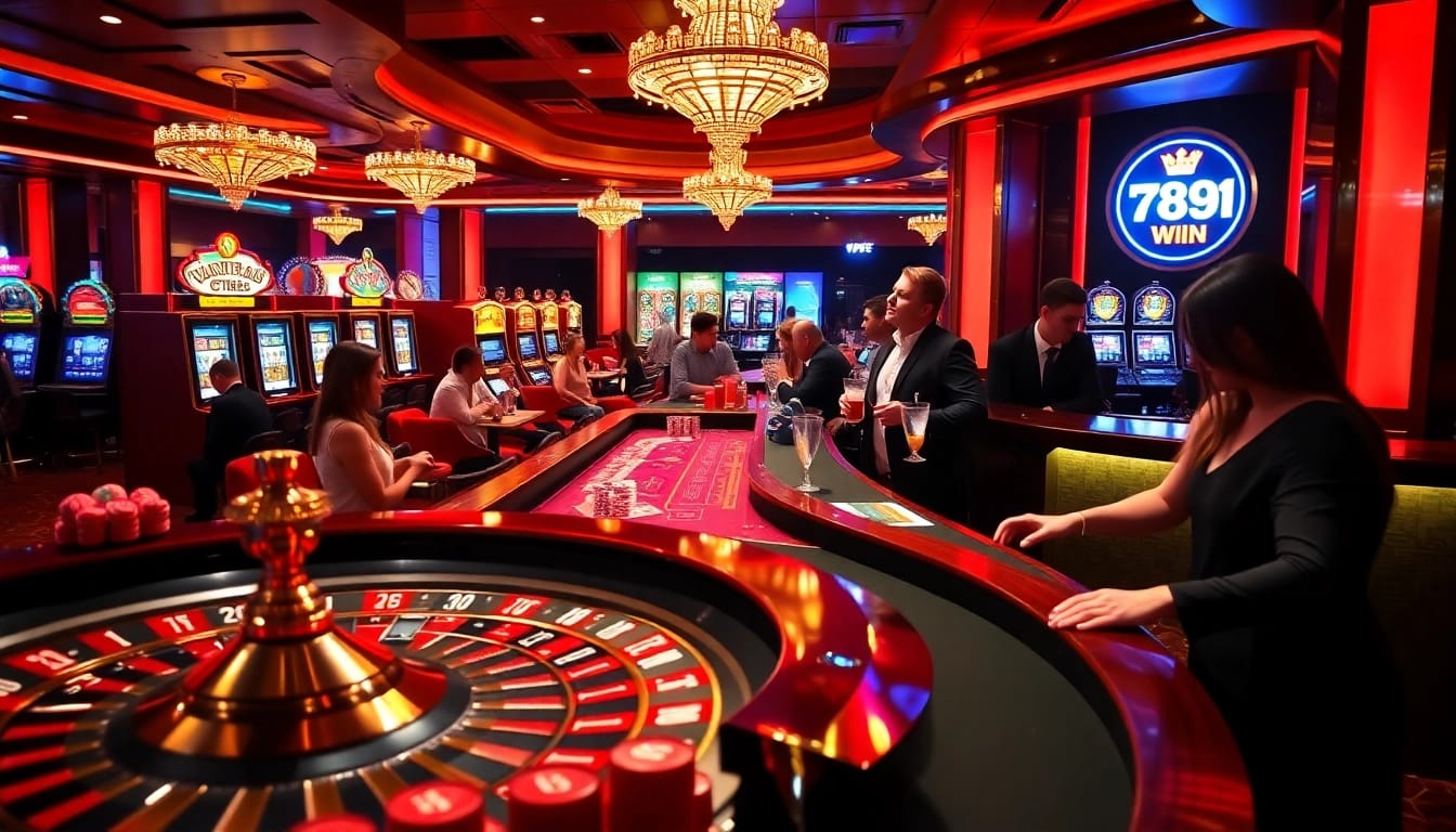 Players enjoying lively casino games at 789WIN, featuring vibrant slot machines and roulette tables.