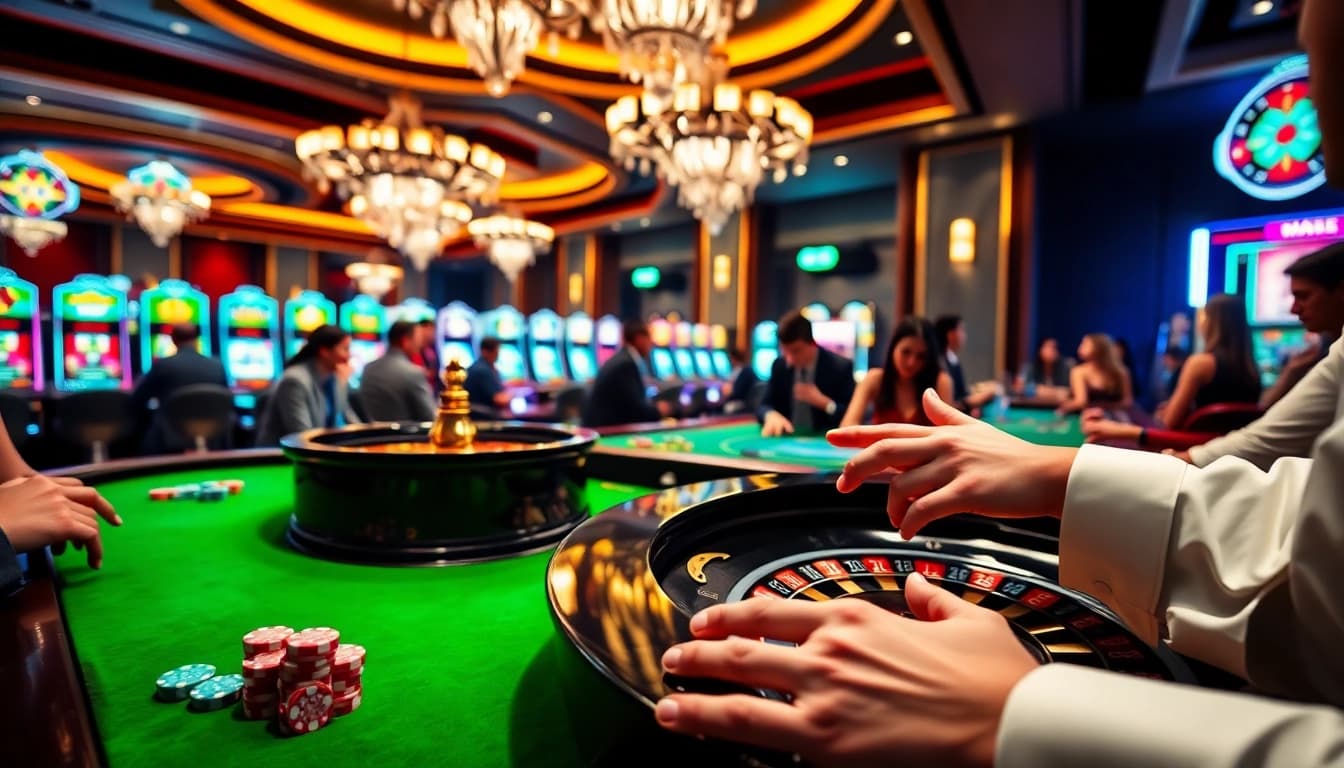 Gambling excitement at mm88 casino featuring a roulette table and colorful slot machines.