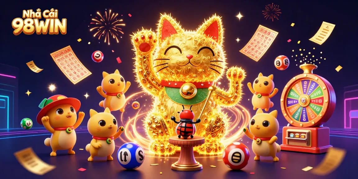 Experience excitement at Nhà cái 98WIN with a vibrant 3D casino-themed illustration showcasing dynamic gaming elements.
