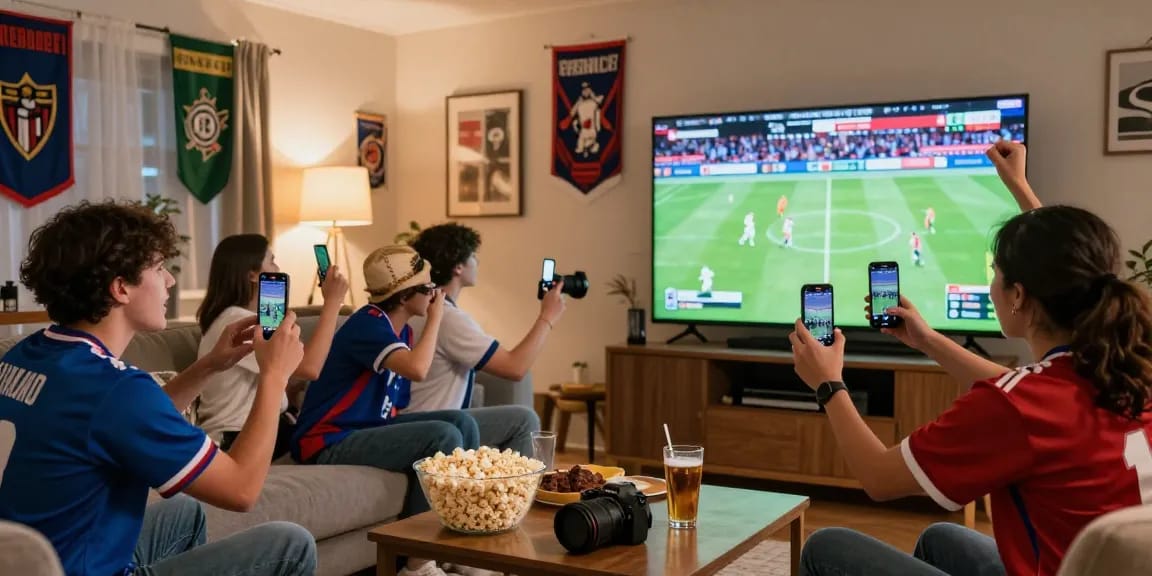 Fans enjoying كورة لايف in a cozy living room during a live match, filled with excitement and team spirit.