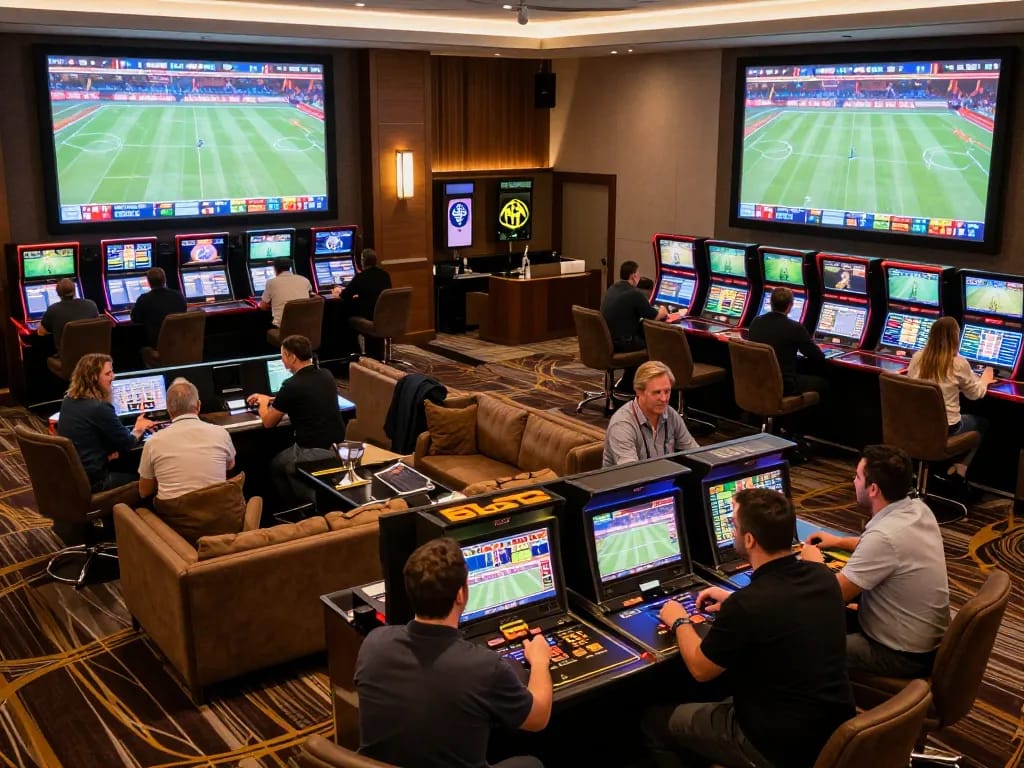 cm88 bettors engaging in thrilling sports gambling at a stylish casino