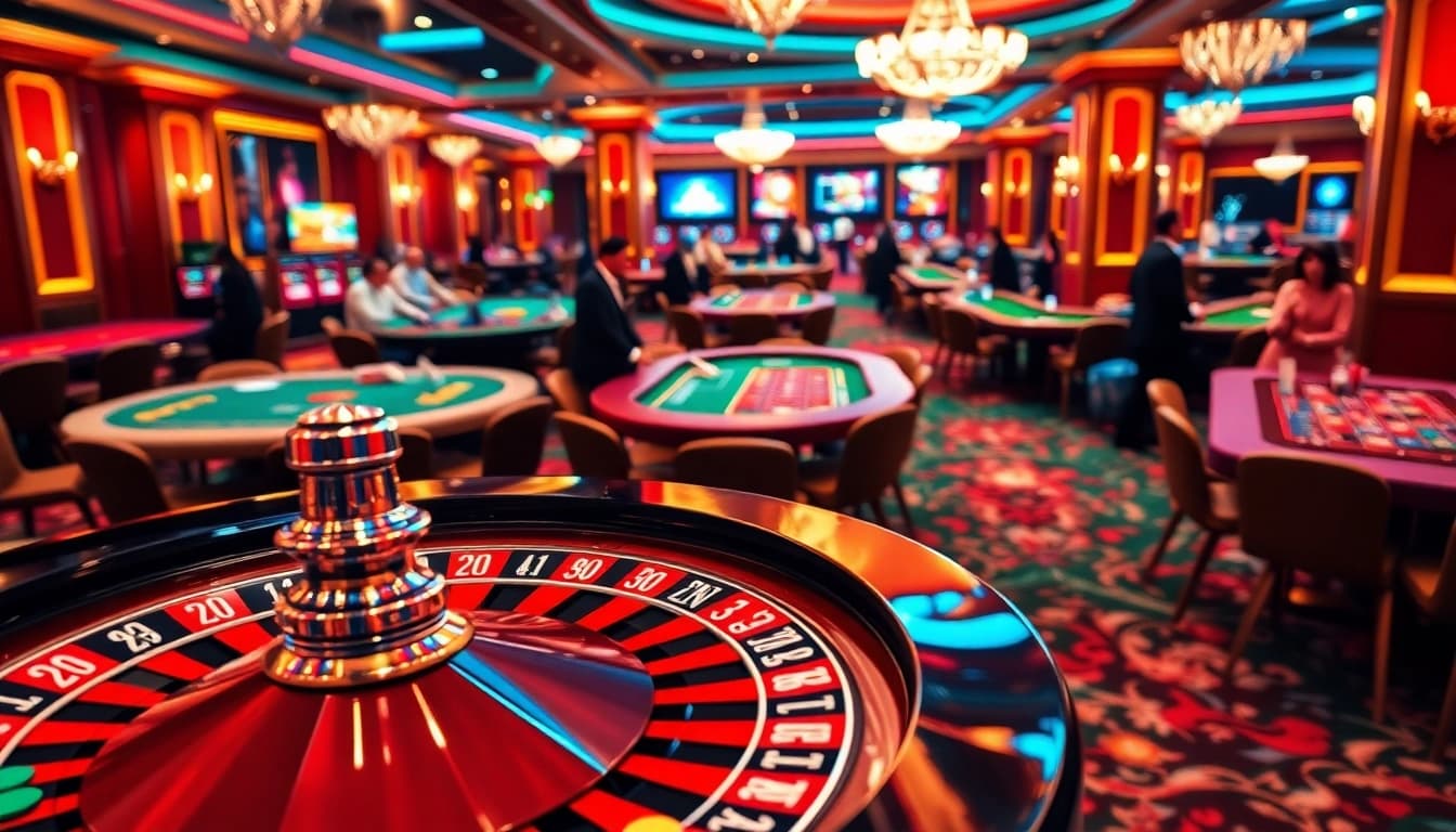 Kubet77 players enjoying a high-stakes game at a lavish casino table with roulette and poker.