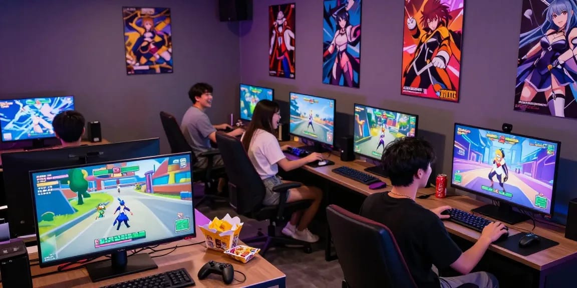 Engaging scene of players experiencing ecchi games in a vibrant gaming lounge with colorful settings.