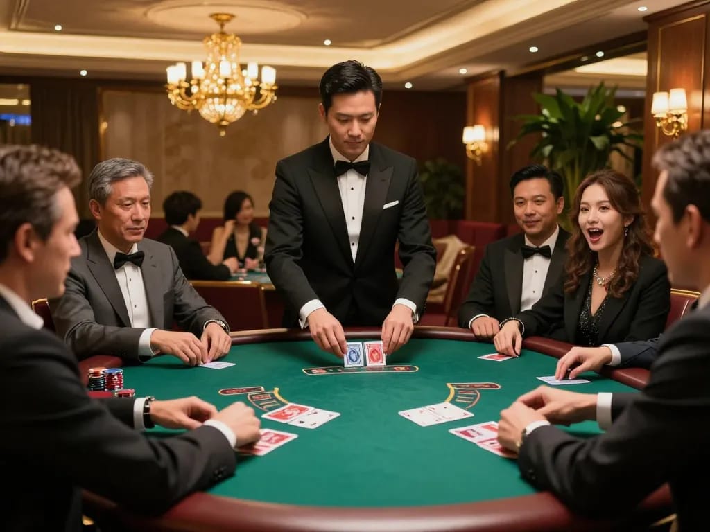 MAY88 bettors enjoying a high-stakes blackjack game with a professional dealer in a luxurious casino setting.