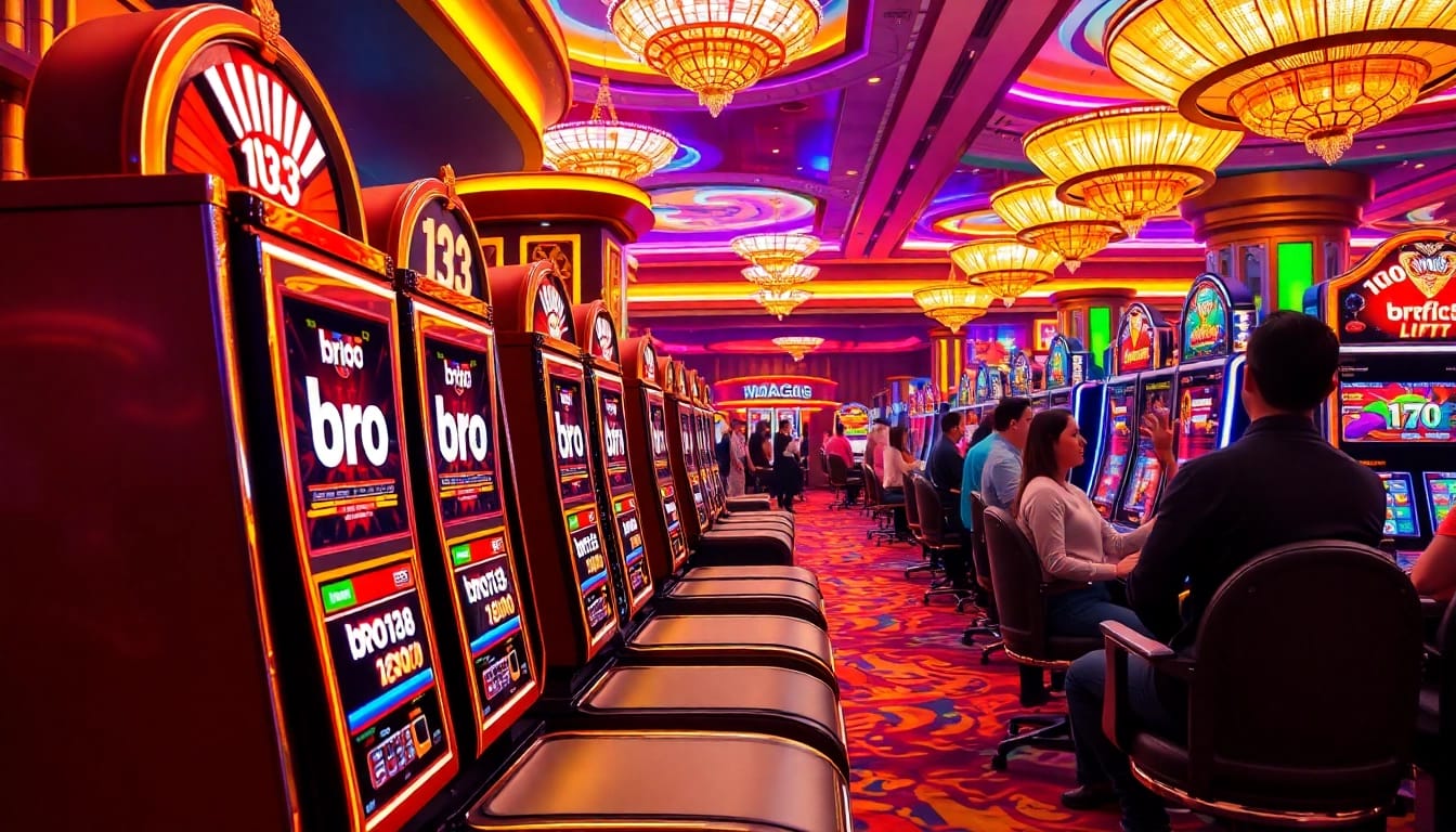 Players enjoying casino experiences at bro138, surrounded by luxurious slot machines and excitement.