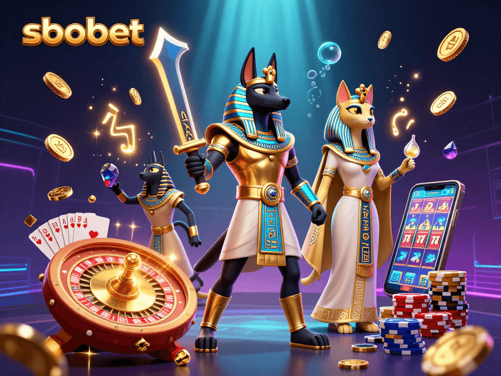Play sbobet with stunning visuals of Anubis and Bastet surrounded by casino elements and betting excitement.