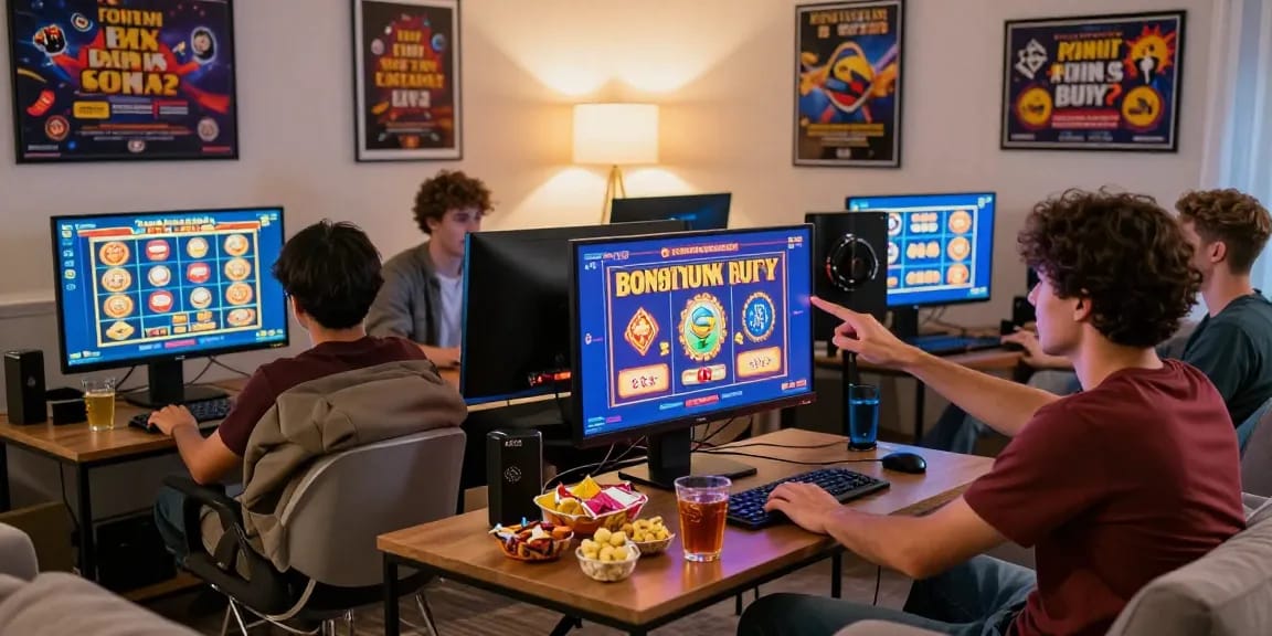 Exciting gaming atmosphere featuring players at https://celebratepanto.co.uk/ enjoying Bonus Buy slots in a cozy living room setting.