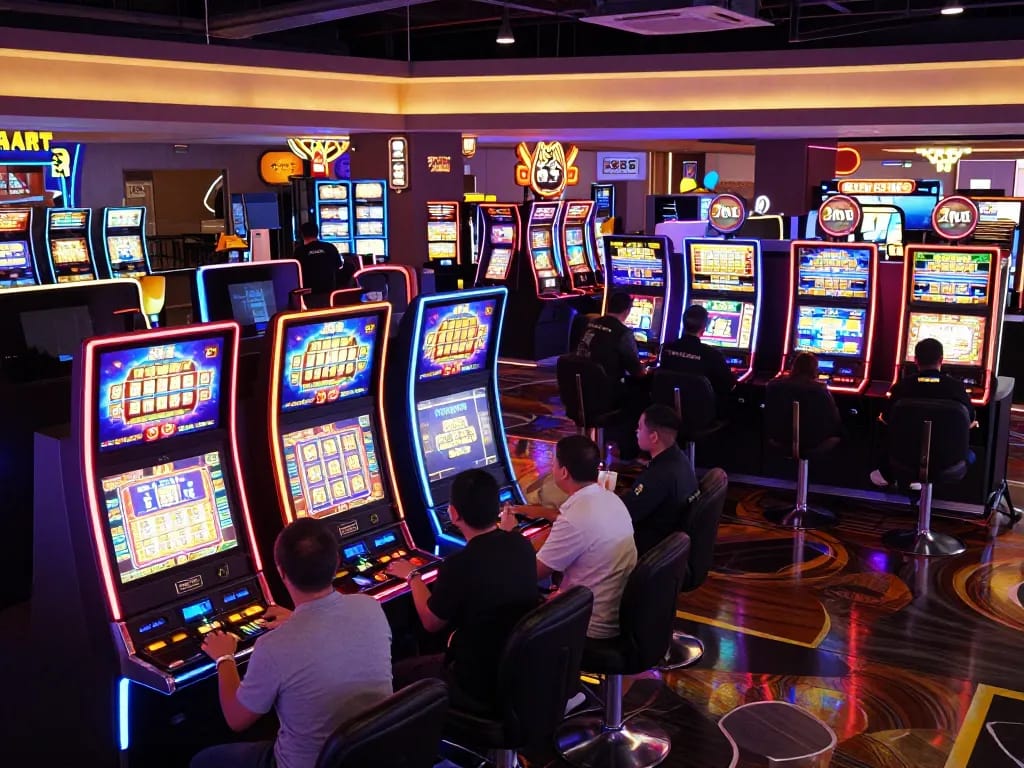 Players enjoying slot machines in a colorful casino environment with vibrant digital displays.