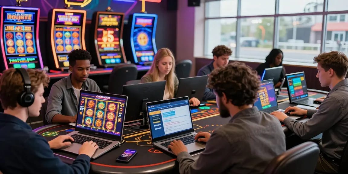Engaged players enjoying their experience at credit card casinos with vibrant graphics and modern devices in a lively online setting.