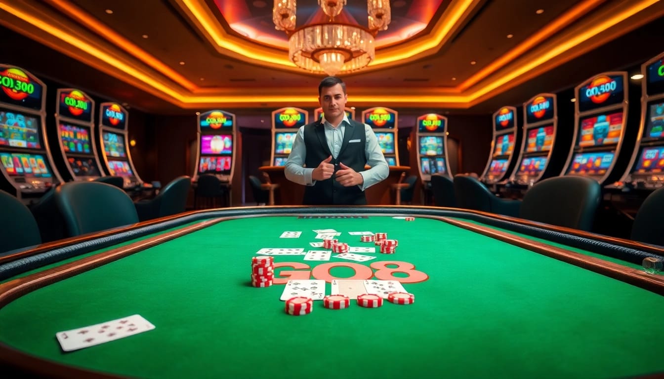 GO8 gaming table with vibrant cards and poker chips showcasing a luxury casino experience
