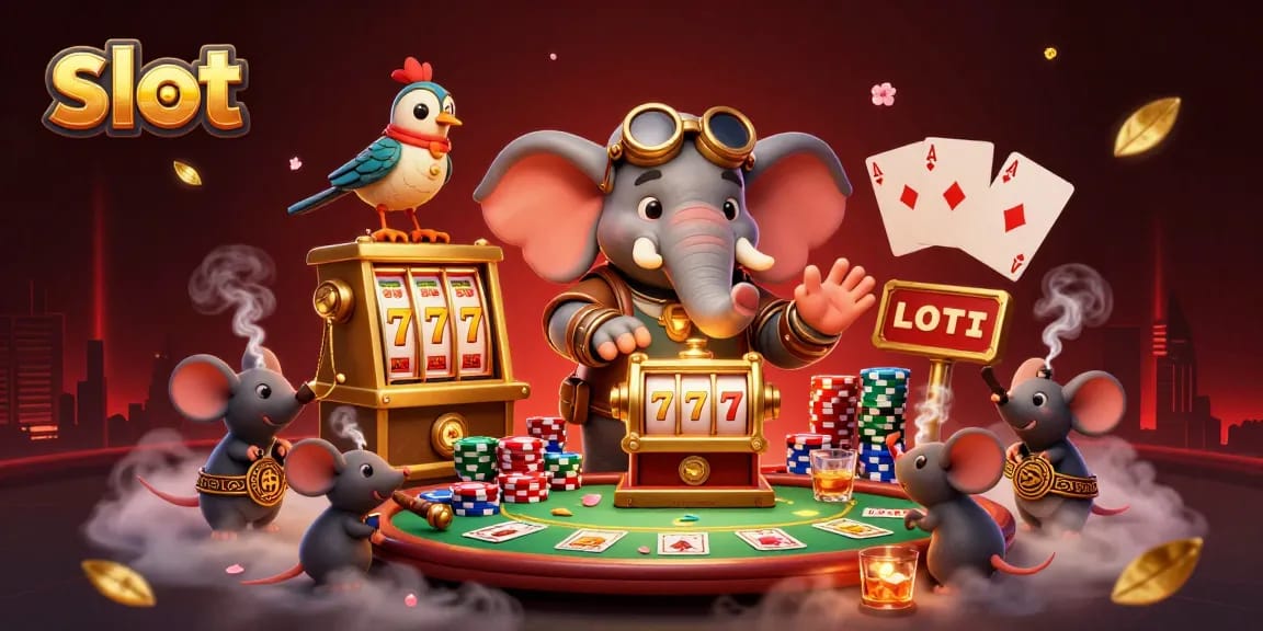 Engage with vibrant slot action, witnessing a steampunk elephant operate a golden machine with poker elements.