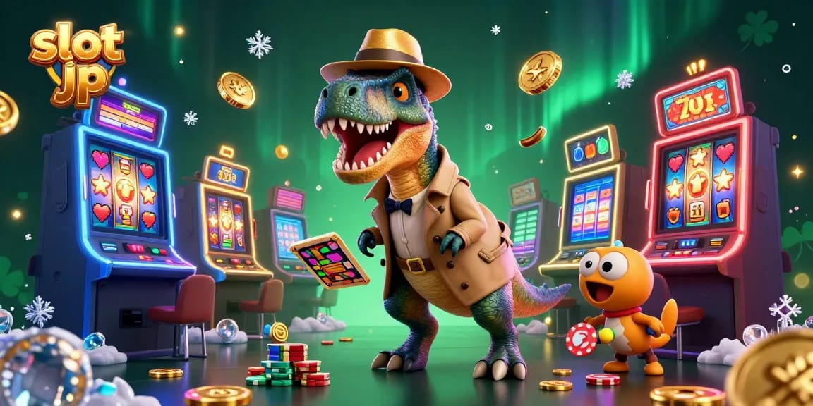 Experience thrilling wins at the slot jp with vibrant 3D illustrations of playful dinosaurs at the casino.