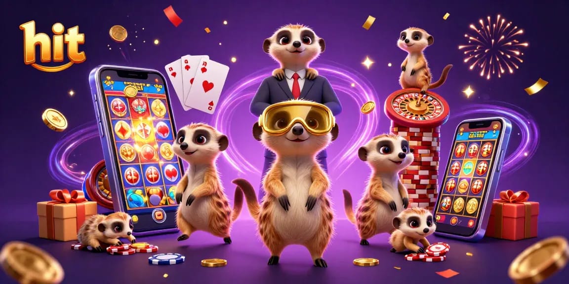 Spin to win with hit-themed meerkats at a vibrant casino, capturing the excitement of gaming.